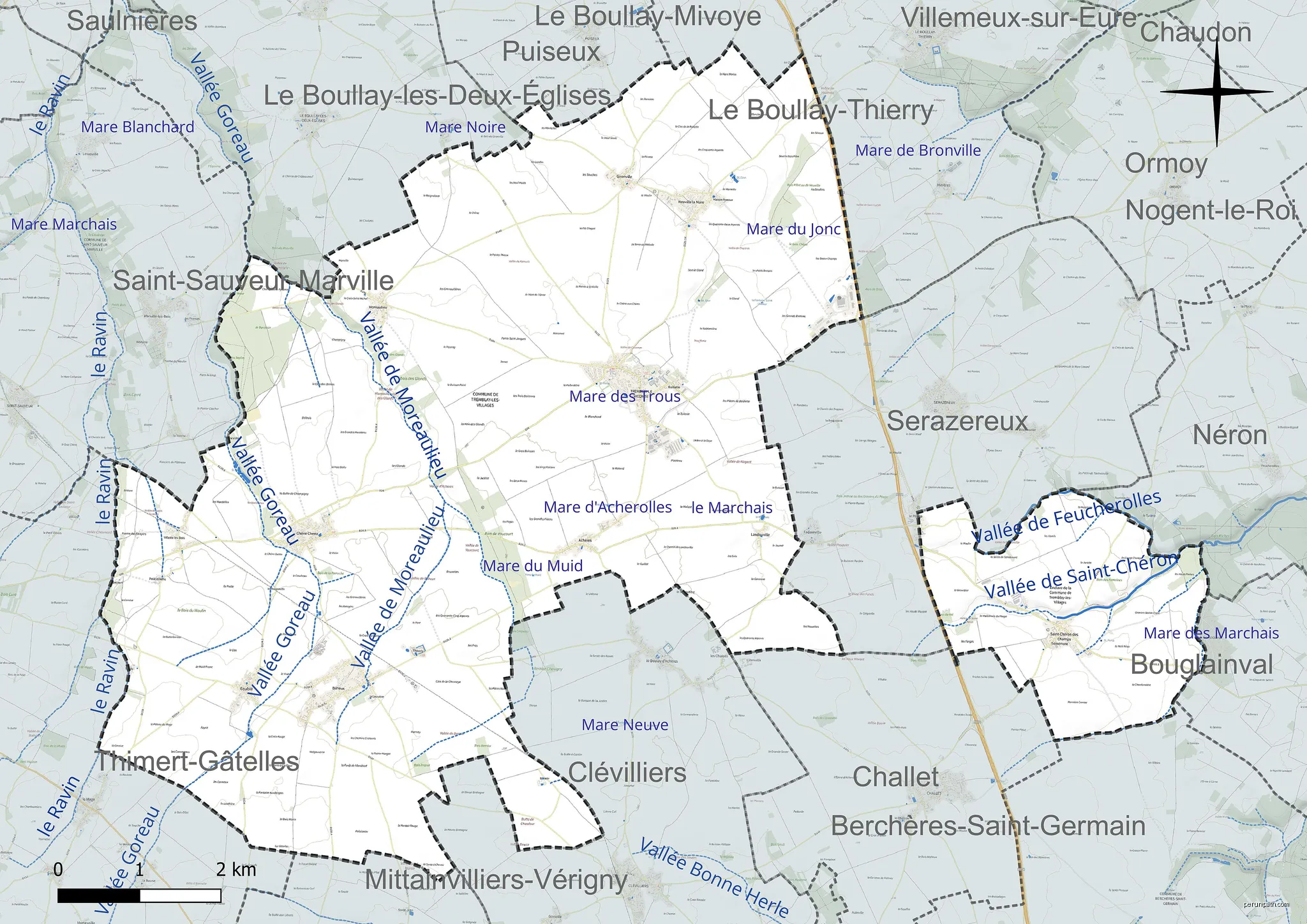 Carte du réseau hydrographique de la commune de fr:Tremblay-les-Villages (France). | Autor: Roland45 | Licencja: CC BY-SA 4.0 | Źródło: Wikimedia Commons