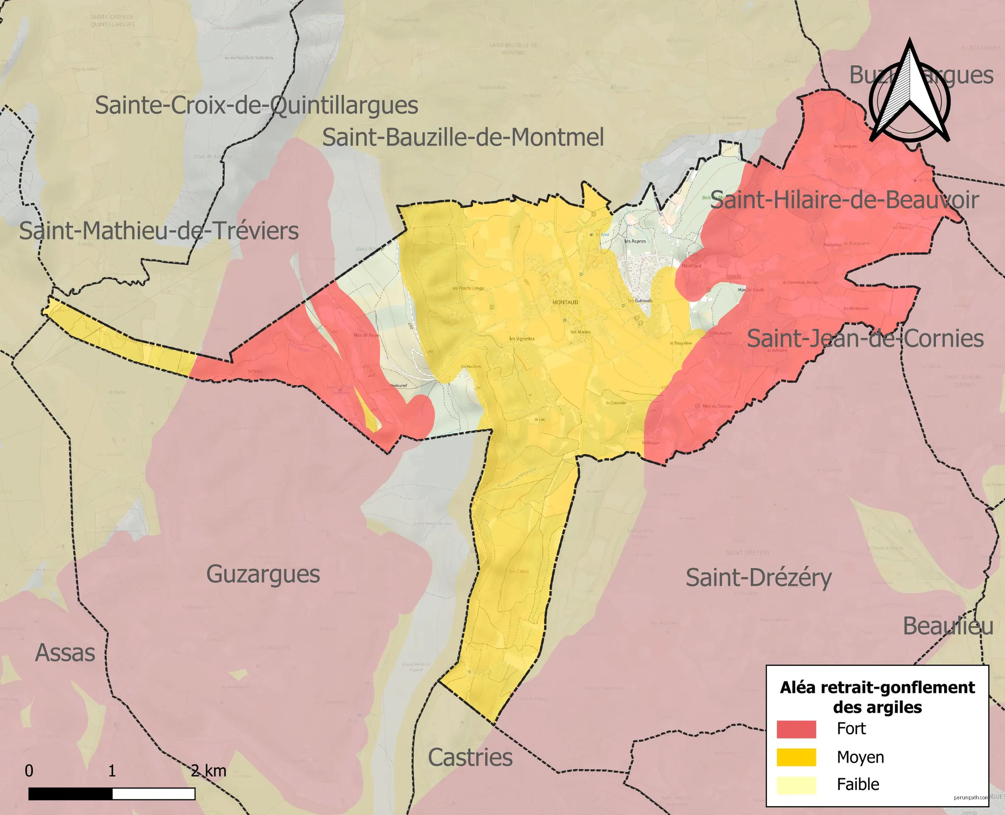Carte de l'aléa retrait-gonflement des argiles sur la commune de fr:Montaud (Hérault) (France). | Autor: Roland45 | Licencja: CC BY-SA 4.0 | Źródło: Wikimedia Commons
