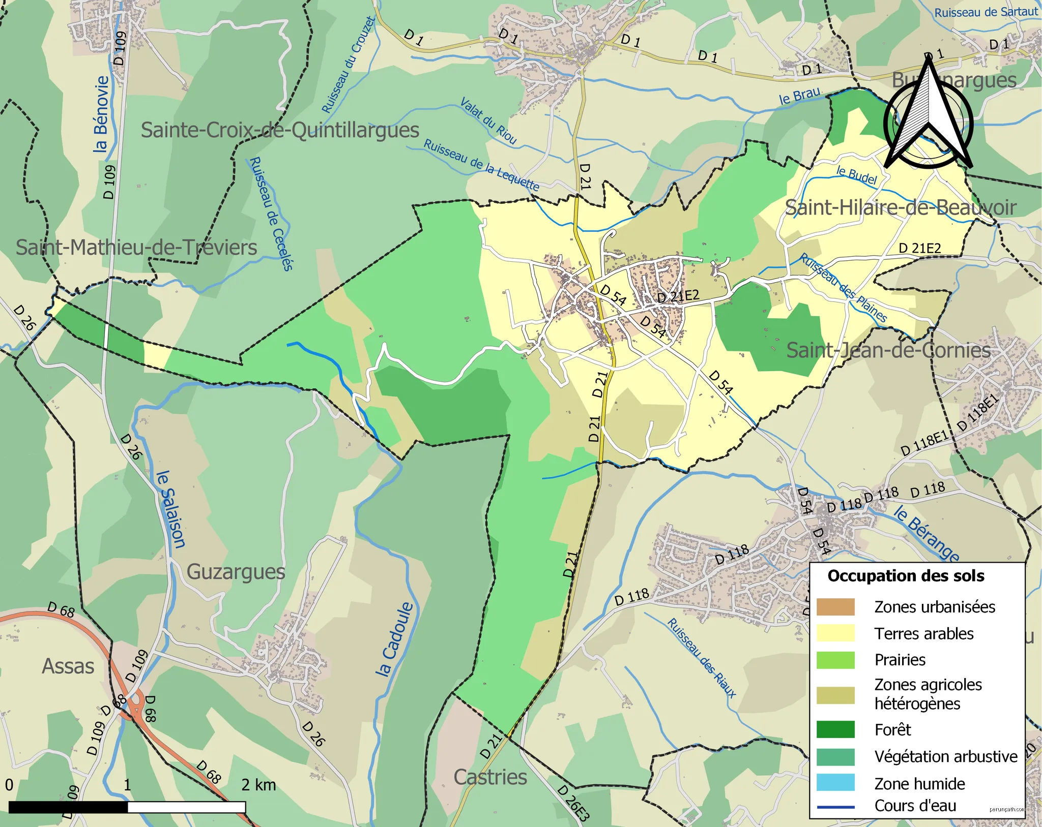 Carte des infrastructures et de l’occupation des sols en 2018 de la commune de fr:Montaud (France). | Autor: Roland45 | Licencja: CC BY-SA 4.0 | Źródło: Wikimedia Commons