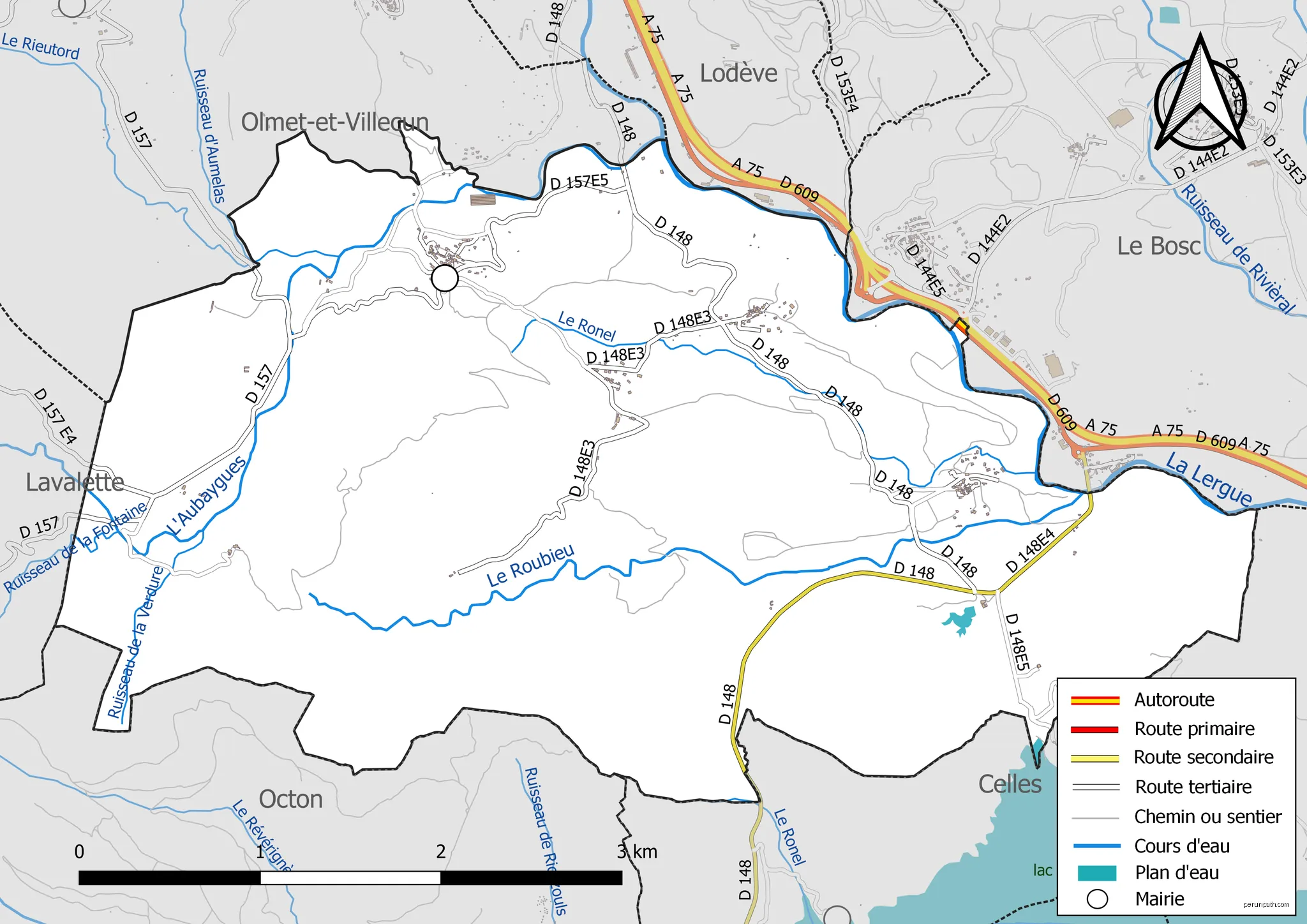 Carte du réseau hydrographique et des infrastrctures de la commune de fr:Le Puech (France). | Autor: Roland45 | Licencja: CC BY-SA 4.0 | Źródło: Wikimedia Commons