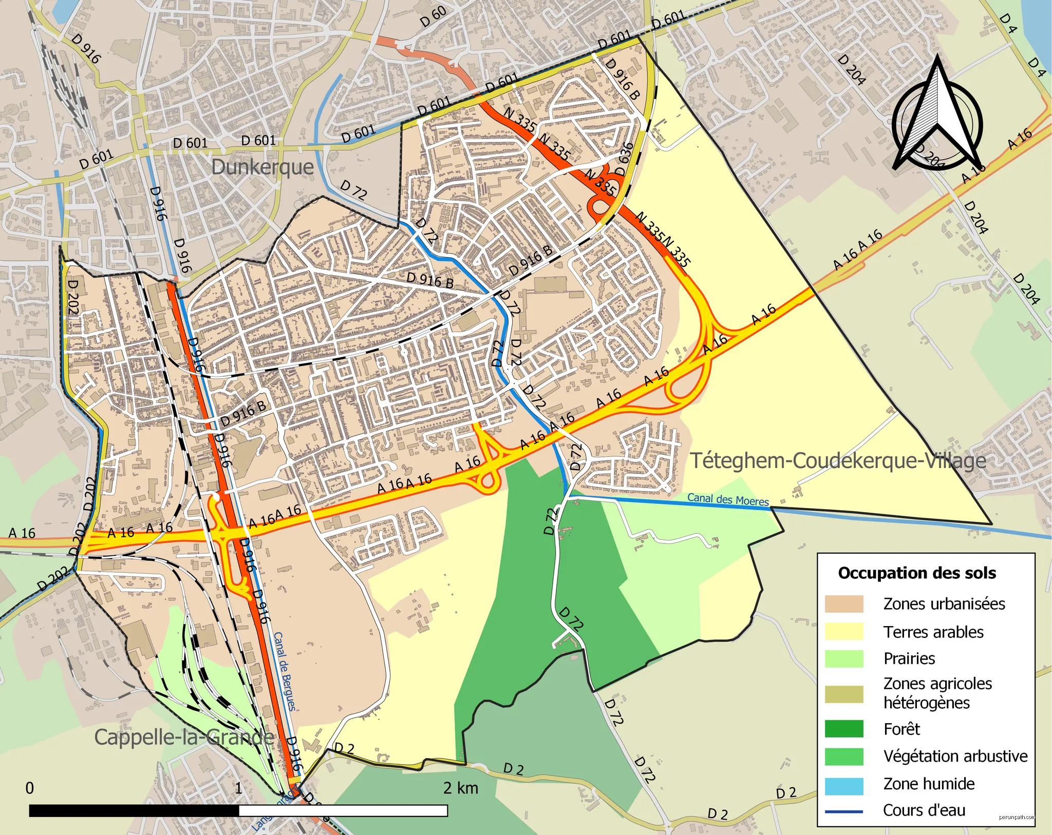Carte des infrastructures et de l’occupation des sols en 2018 de la commune de fr:Coudekerque-Branche (France). | Autor: Roland45 | Licencja: CC BY-SA 4.0 | Źródło: Wikimedia Commons