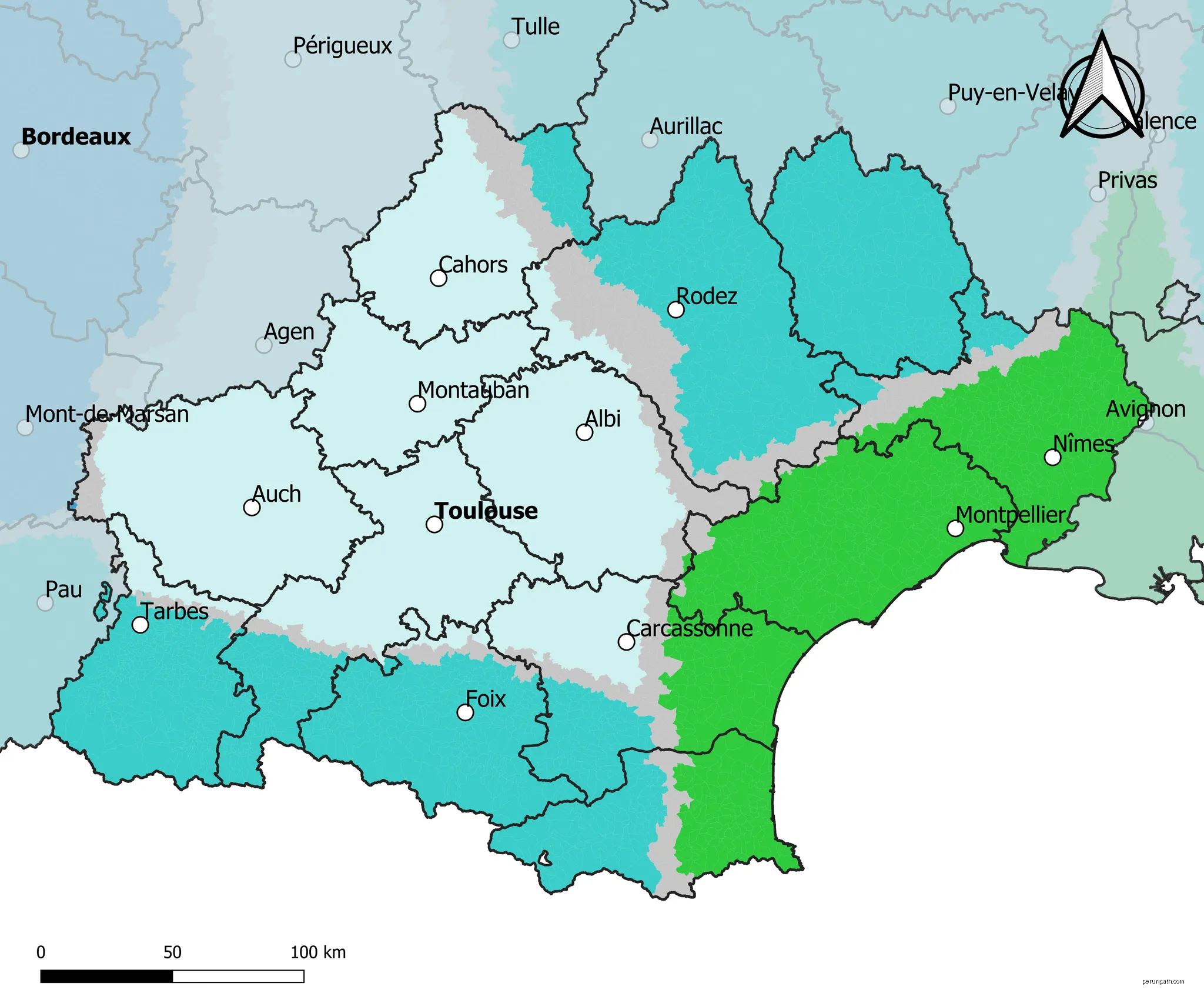 Carte du zonage climatique de l'Occitanie établie par Météo-France en 2020, dans le cadre d’un découpage en 5 zones climatiques. | Autor: Roland45 | Licencja: CC BY-SA 4.0 | Źródło: Wikimedia Commons