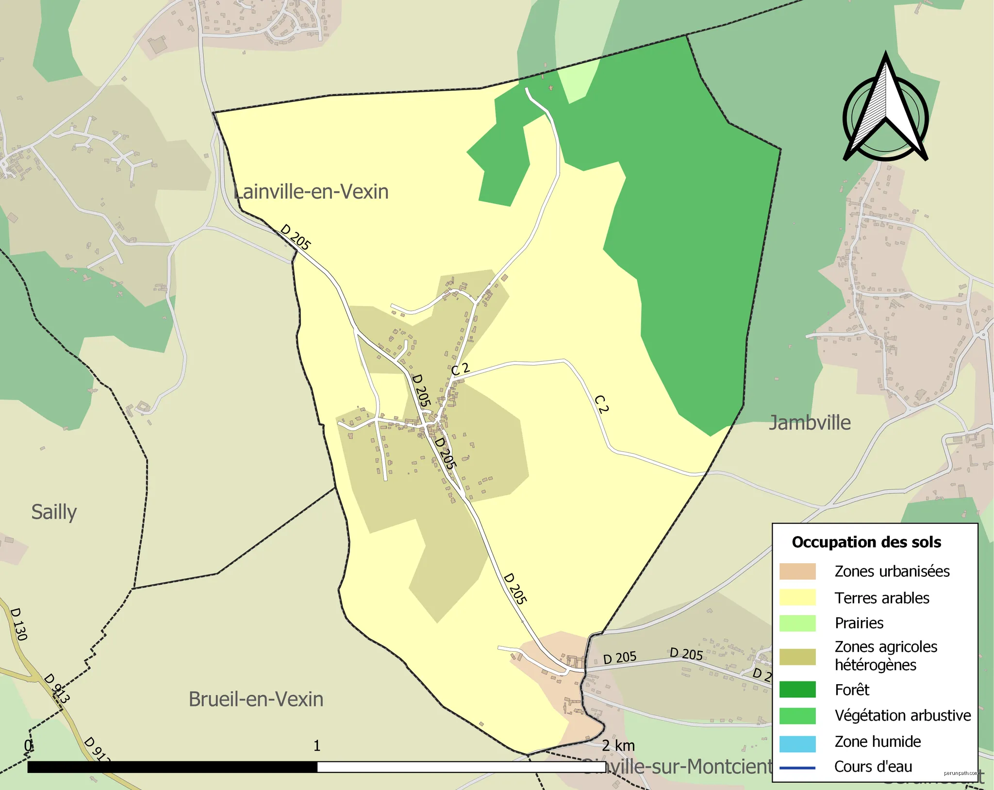 Carte des infrastructures et de l’occupation des sols en 2018 de la commune de fr:Montalet-le-Bois (France). | Autor: Roland45 | Licencja: CC BY-SA 4.0 | Źródło: Wikimedia Commons