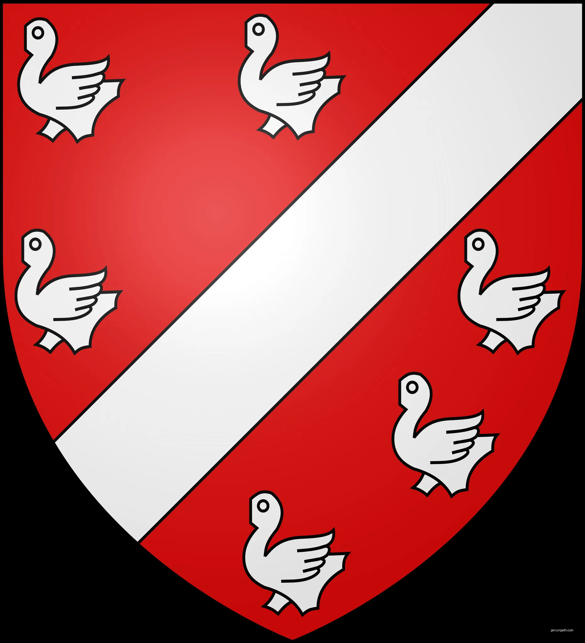 blason de la commune de Tremblay-les-Villages, eure et loir, france :de gueules à la barre d’argent accompagnée de six merlettes du même ordonnées en orle | Autor: Chatsam | Licencja: CC BY-SA 3.0 | Źródło: Wikimedia Commons