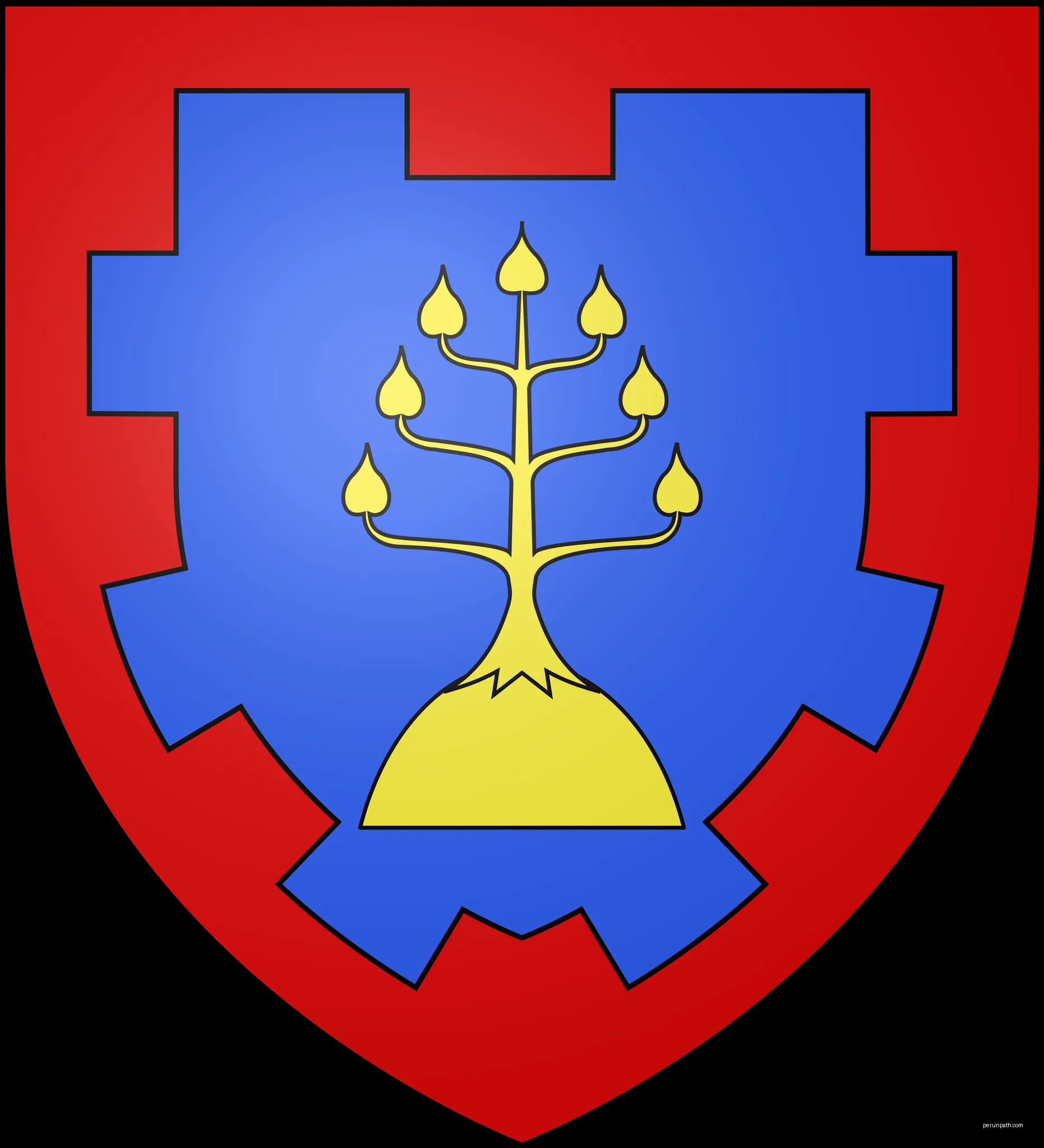 Blasonnement : d'azur à un mont (puech) isolé d'or sommé d'un créquier du même; à la bordure crénelée cousue de gueules. | Autor: Celbusro | Licencja: CC BY-SA 4.0 | Źródło: Wikimedia Commons