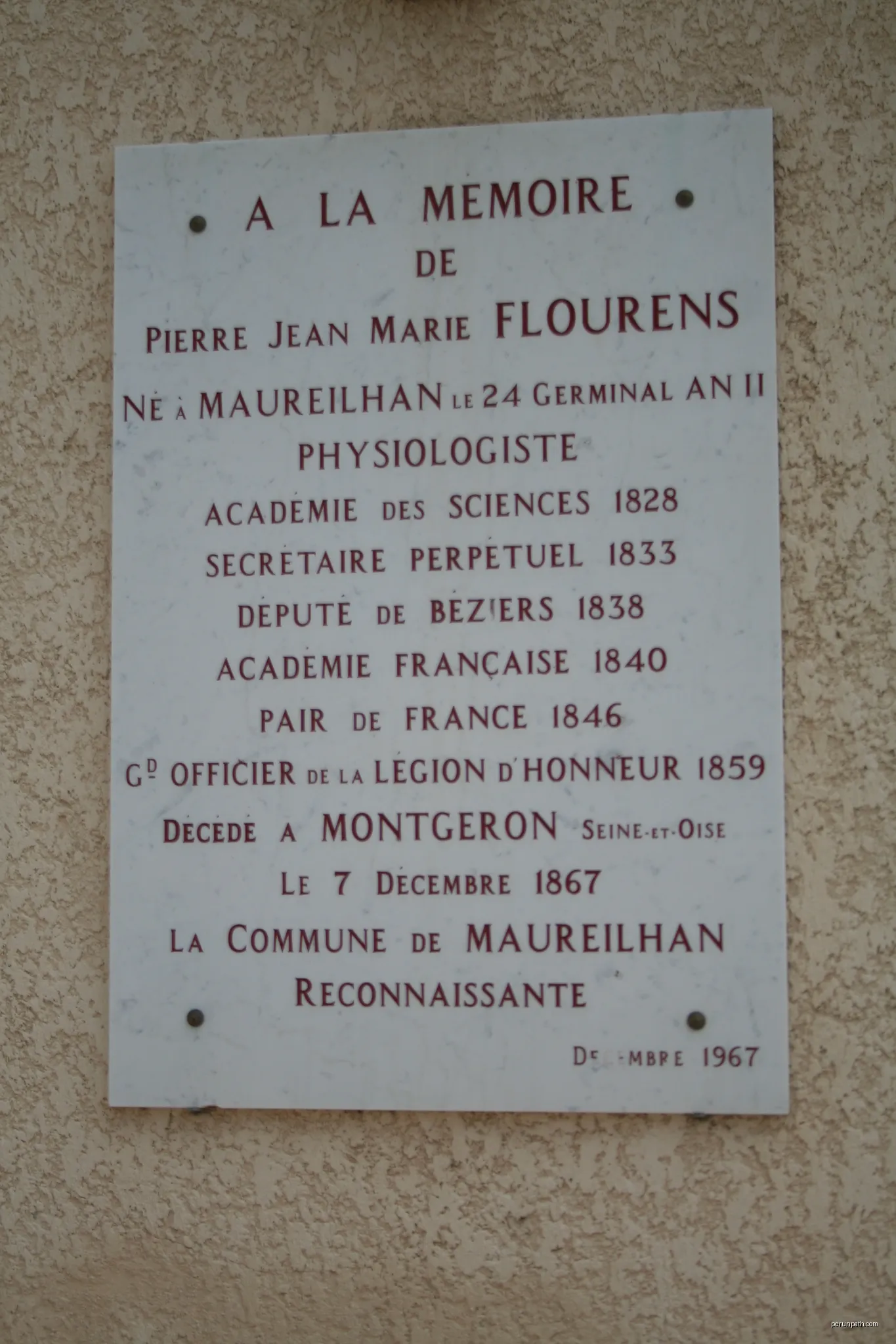 Maureilhan (Hérault) - plaque Pierre Jean Marie Flourens (24 germinal an II, 1867), physiologiste, académicien des sciences, député de Béziers, Académie Française, Pair de France | Autor: Fagairolles 34 | Licencja: CC BY-SA 4.0 | Źródło: Wikimedia Commons