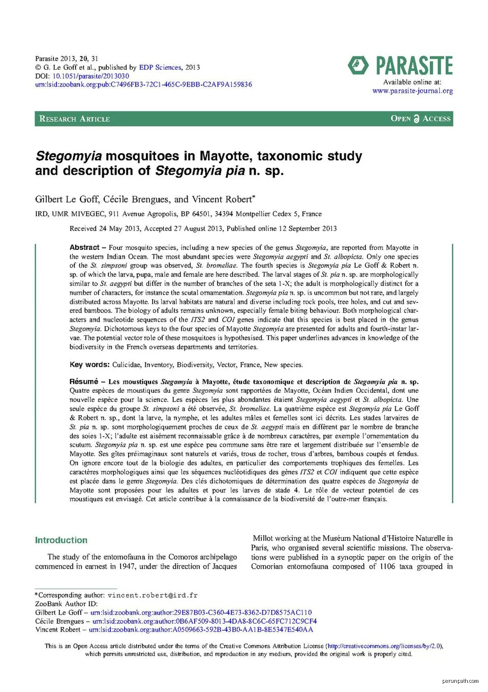 PDF of paper: Stegomyia mosquitoes in Mayotte, taxonomic study and description of Stegomyia pia n. sp. | Autor: Gilbert Le Goff, Cécile Brengues, and Vincent Robert | Licencja: CC BY 4.0 | Źródło: Wikimedia Commons