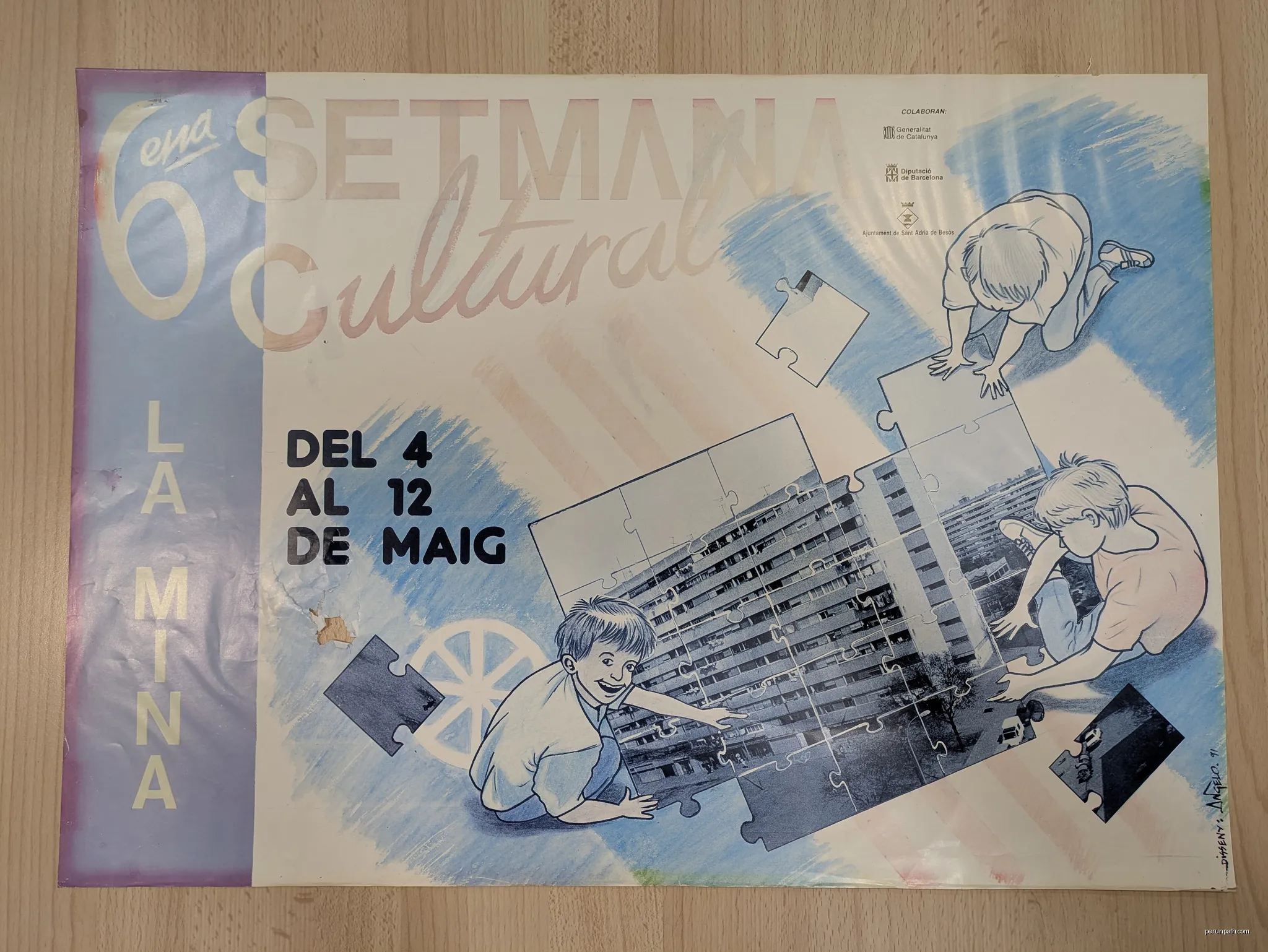 Cartell de la Sisena Setmana Cultural del barri de La Mina (any 1991 o 1992) | Autor: OmniaPESLaMina | Licencja: CC BY-SA 4.0 | Źródło: Wikimedia Commons