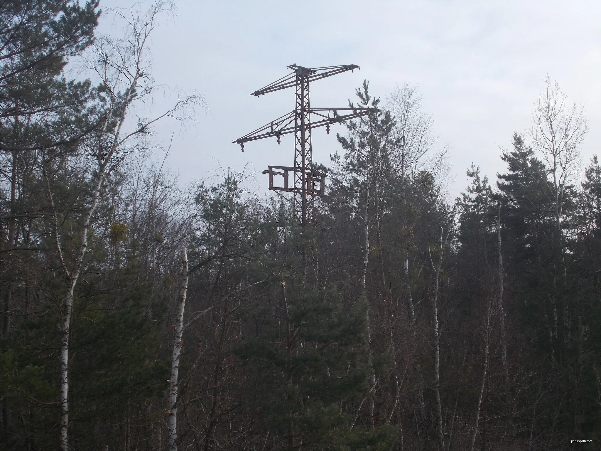 Dead electricity pylon from pre-war era near at pumping station "Brandenburger Tor". There was a switch and a branch to the pumping station atached on this pole. | Autor: HighVoltage 5576 | Licencja: CC BY-SA 4.0 | Źródło: Wikimedia Commons